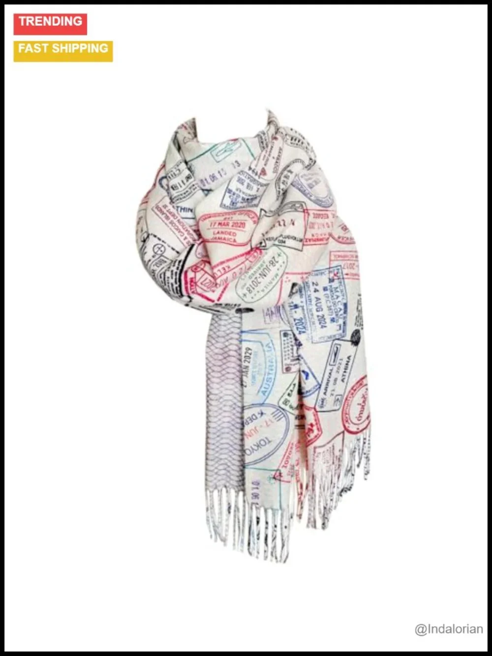 Traveler Scarf Passport Stamps Full Print Soft Acrylic Lightweight Gift for